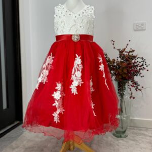 Royal Bloom Red & White Embroidered Tulle Dress