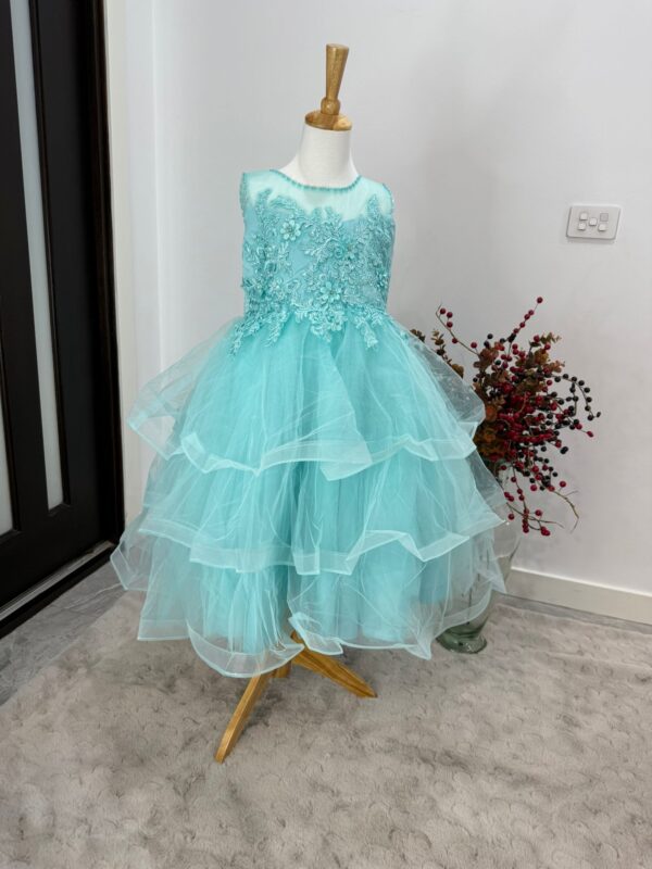 Fairy Mist Aqua Blue Layered Party Dress for Girls – Embroidered Flower Gown - Image 4