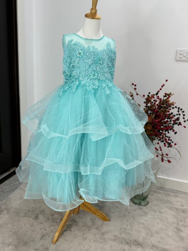 Fairy Mist Aqua Blue Layered Party Dress for Girls – Embroidered Flower Gown - Image 3