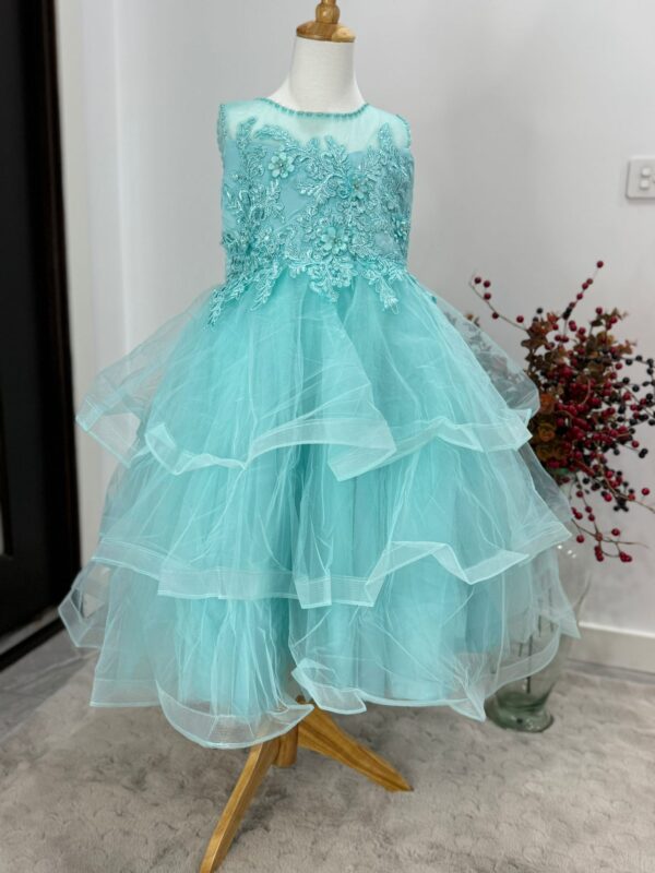 Fairy Mist Aqua Blue Layered Party Dress for Girls – Embroidered Flower Gown - Image 2