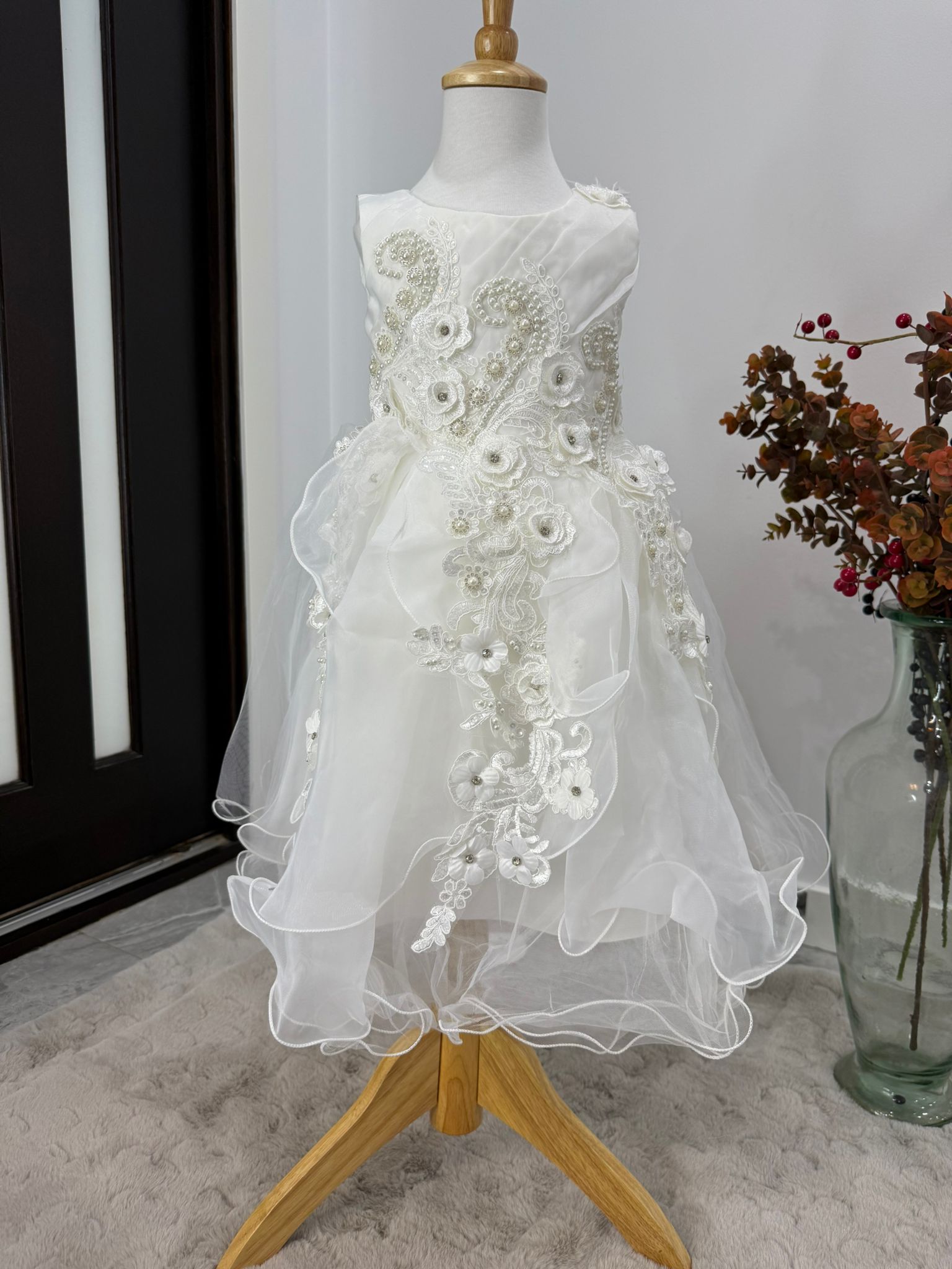 Snow Petal Pearl Gown – White Dress for Girls with Pearls & Floral Appliqué - Image 4