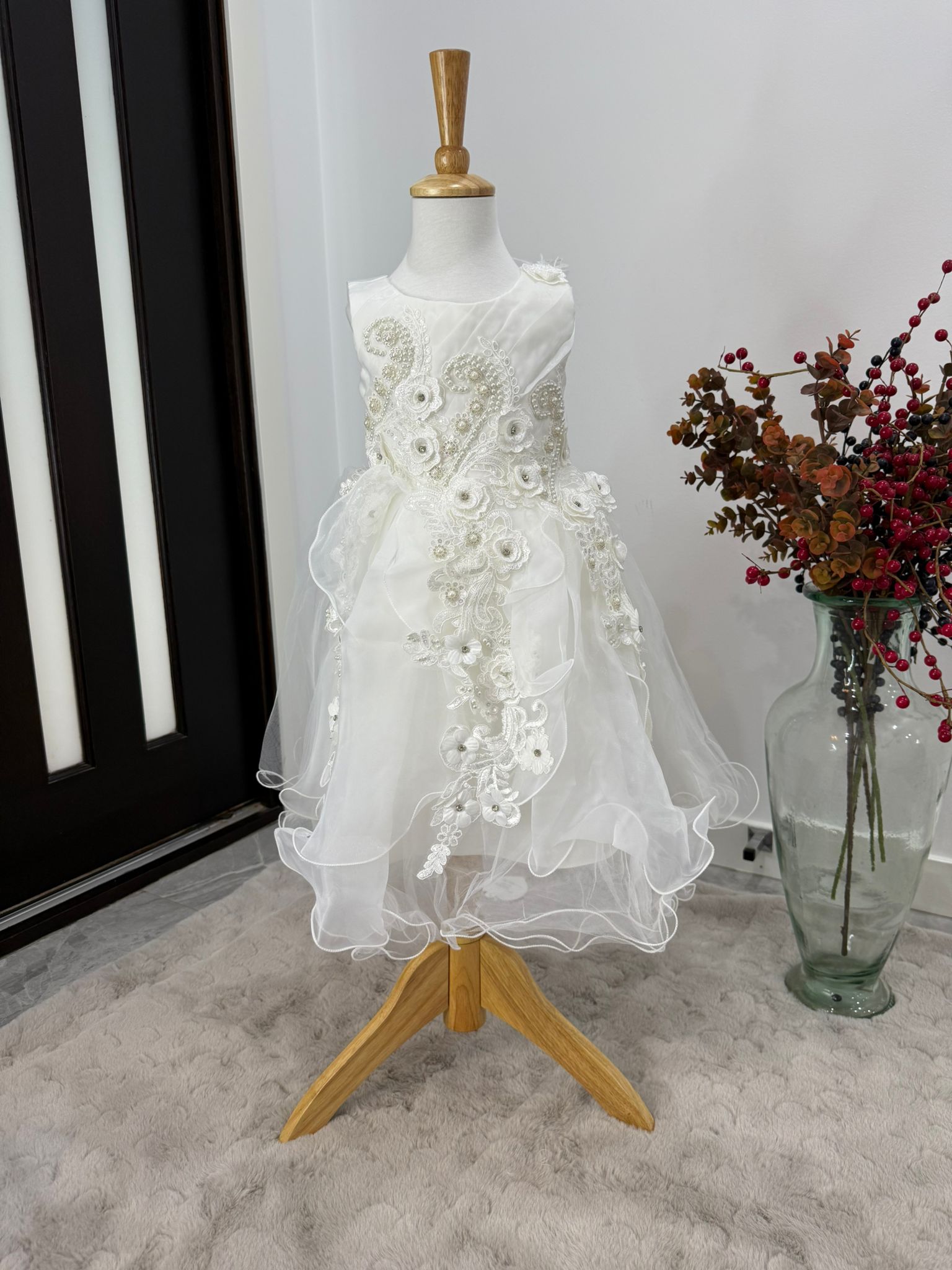 Snow Petal Pearl Gown – White Dress for Girls with Pearls & Floral Appliqué - Image 3