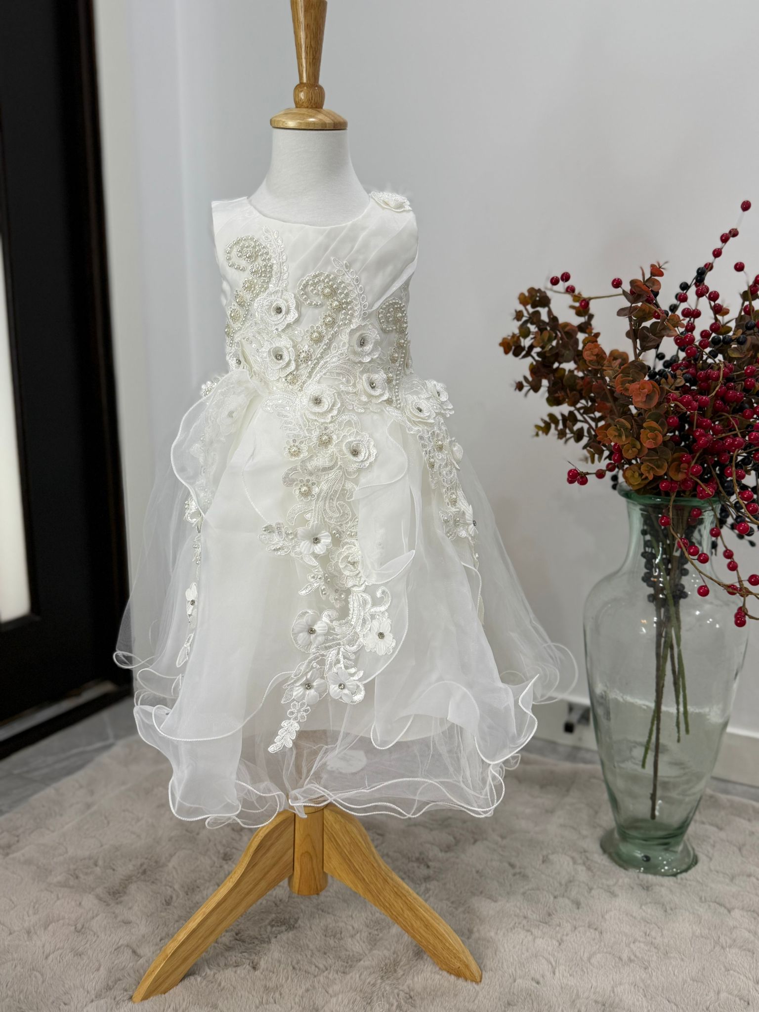 Snow Petal Pearl Gown – White Dress for Girls with Pearls & Floral Appliqué - Image 2
