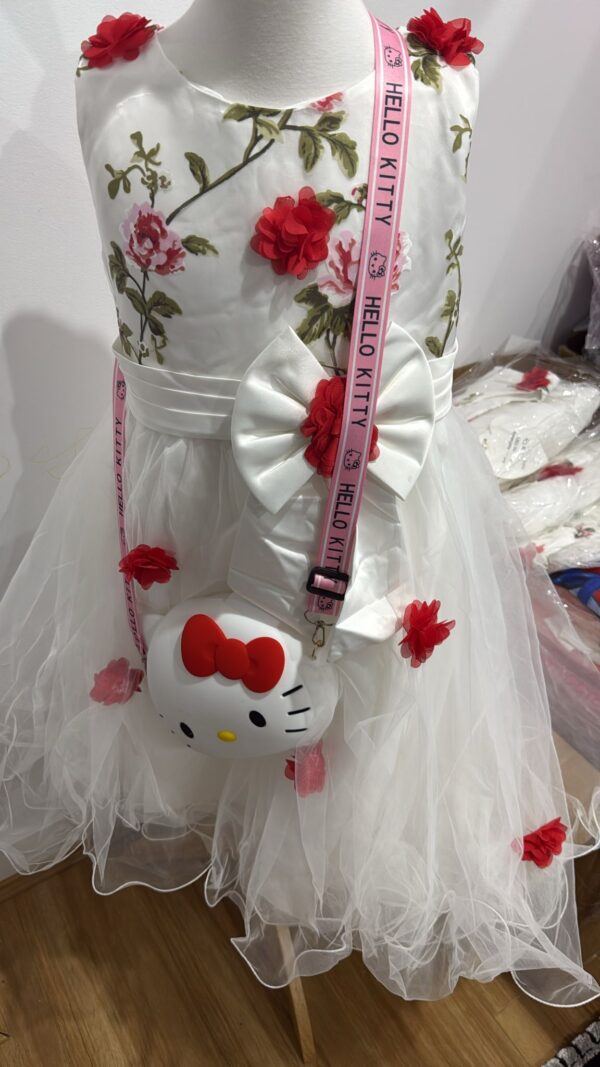 Rosette Garden White Dress with 3D Flowers & Hello Kitty Bag – Girls Party Outfit - Image 2