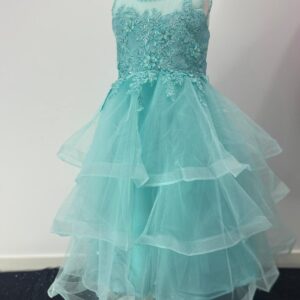 Fairy Mist Aqua Blue Layered Party Dress for Girls – Embroidered Flower Gown