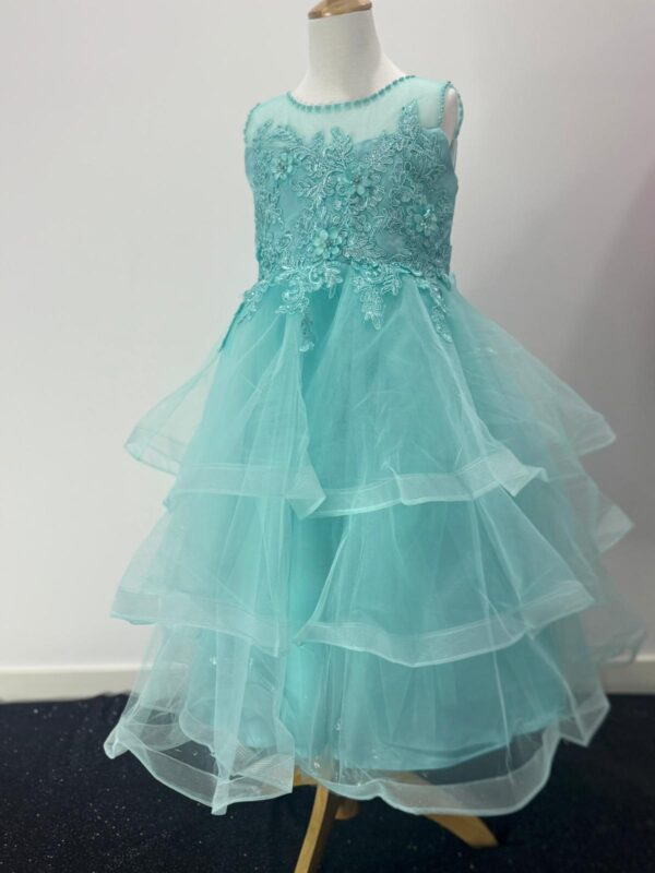 Fairy Mist Aqua Blue Layered Party Dress for Girls – Embroidered Flower Gown