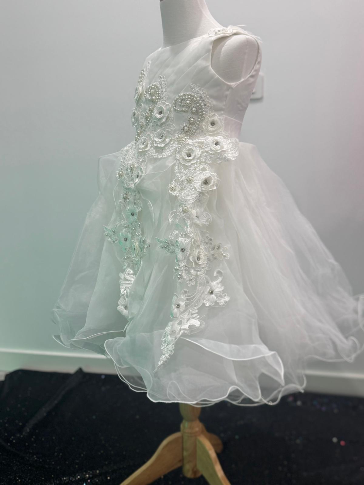 Snow Petal Pearl Gown – White Dress for Girls with Pearls & Floral Appliqué - Image 7