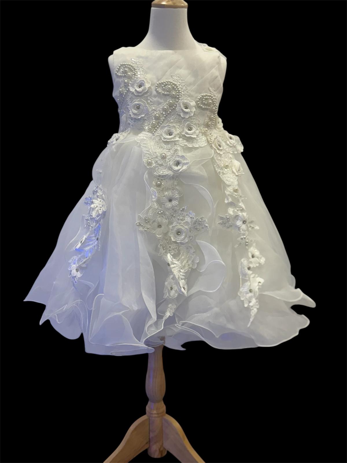 Snow Petal Pearl Gown – White Dress for Girls with Pearls & Floral Appliqué - Image 6