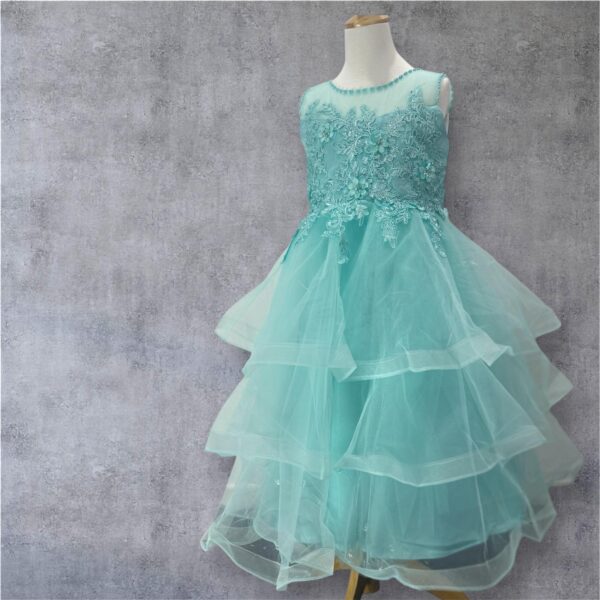Fairy Mist Aqua Blue Layered Party Dress for Girls – Embroidered Flower Gown - Image 6