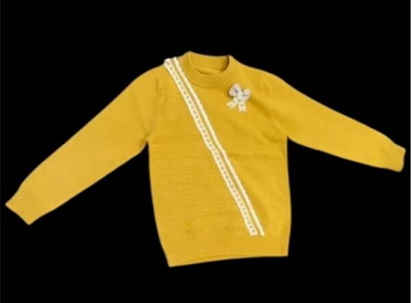 Girls’ Mustard Yellow Winter Sweater with Bow & Lace Detail – Full Sleeve Knitwear