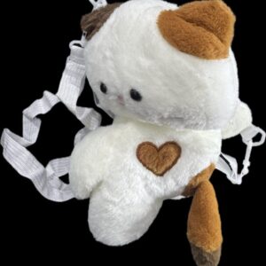 Plush Cat Backpack for Kids – Cute White & Brown Kitty Bag with Heart Patch