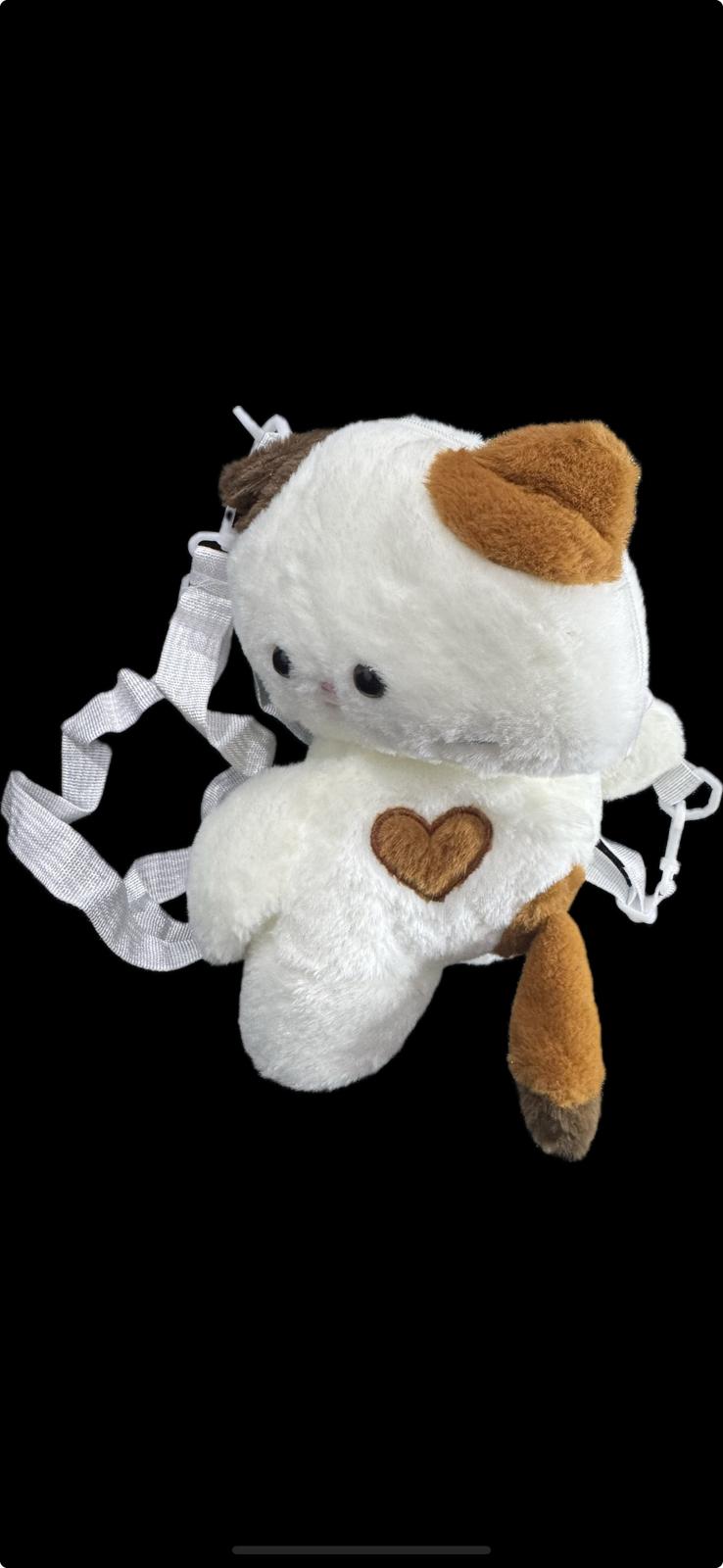 Plush Cat Backpack for Kids – Cute White & Brown Kitty Bag with Heart Patch