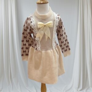 Girls' Beige Princess Dress with Cream Bow & Lace – Winter Frock for Toddlers