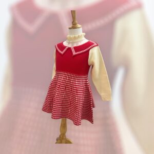 Girls' Elegant Red & Cream Knit Dress with Peter Pan Collar – Winter Party Wear Outfit