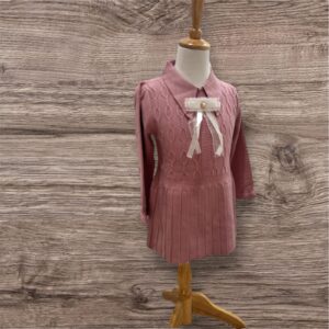 Dusty Rose Knit Dress for Girls – Winter Frock with Pearl Bow & Pleated Skirt