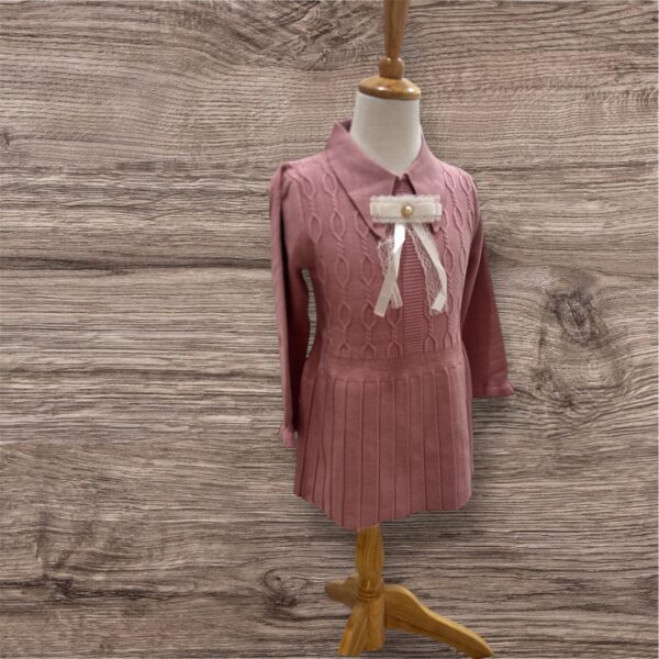 Dusty Rose Knit Dress for Girls – Winter Frock with Pearl Bow & Pleated Skirt