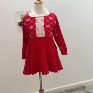 Red Crown Knit Dress for Girls – Winter Princess Frock with Pearl Buttons & Pleated Skirt